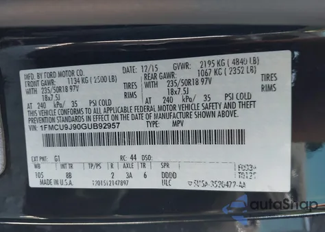 2016 Ford Escape Titanium из США, поврежденный, VIN 1FMCU9J90GUB92957